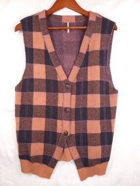 Free People Buffalo Plaid Button Front Knit Sweater Vest M